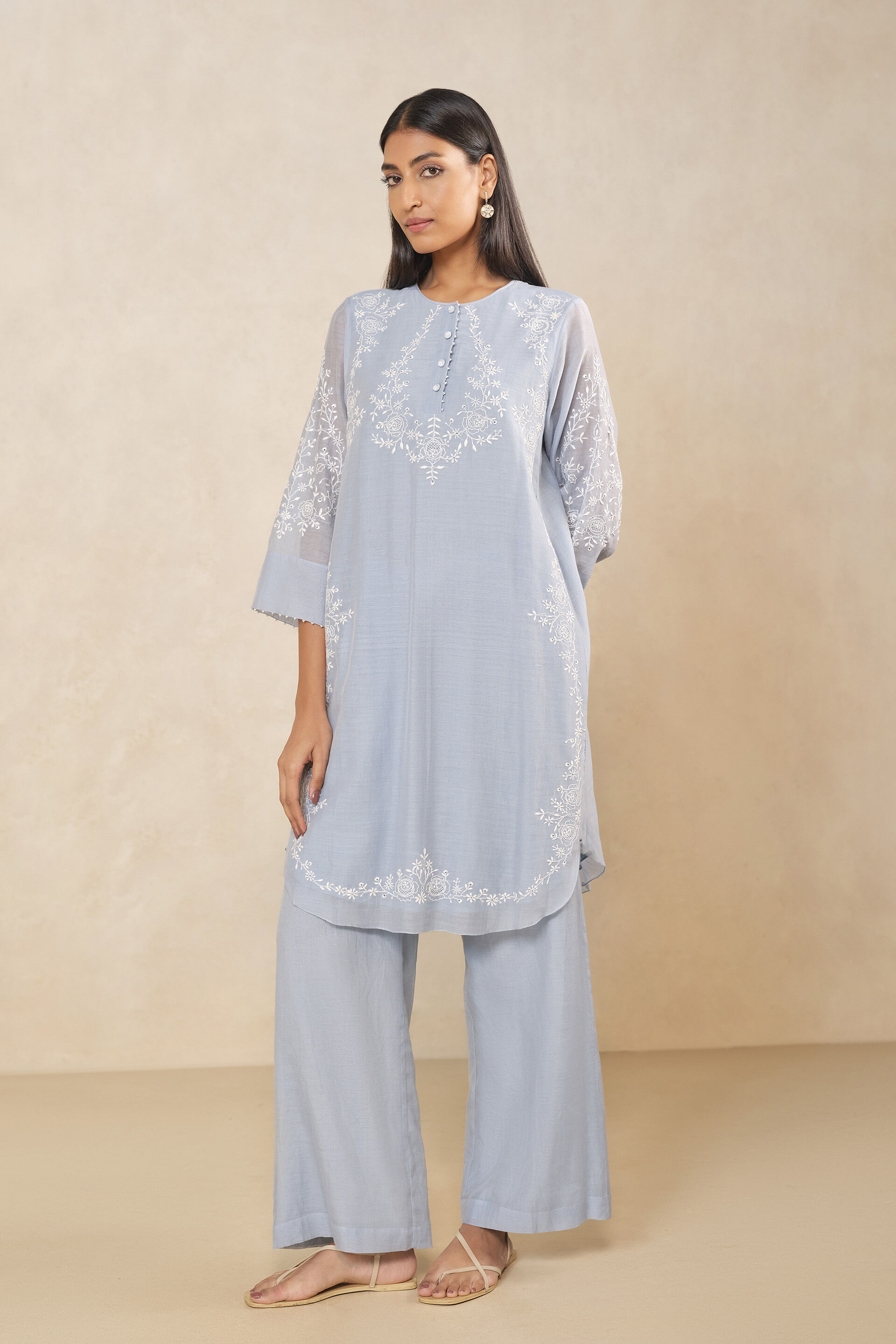 Haiku Chikankari Hand-embroidered Mul Kurta Set - Blue